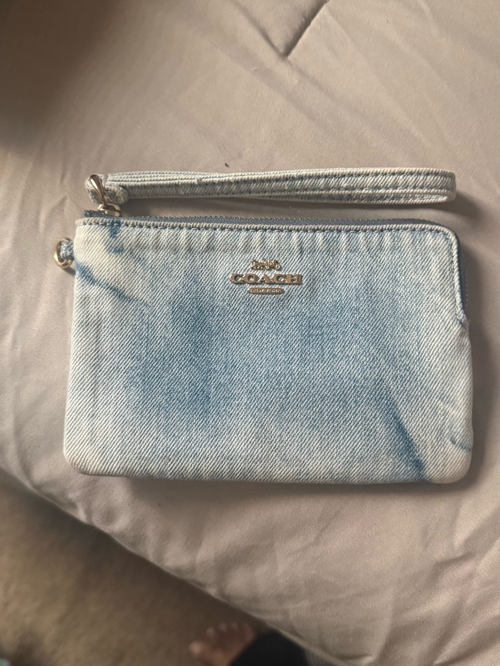 Coach Light Blue Denim Wristlet with Gold Logo